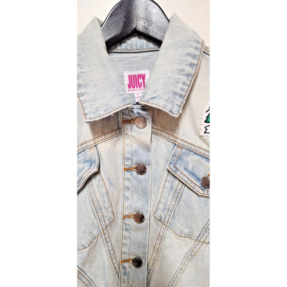 Juicy Couture Womens Y2K Denim Jean Jacket Cabana Wash Tattoo Patches Heart XS - Picture 4 of 16